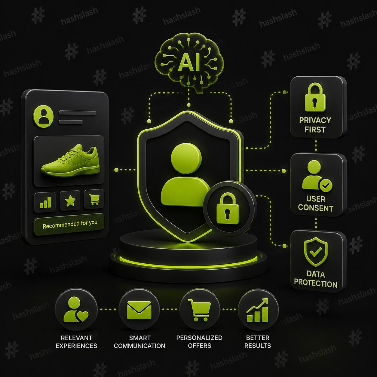 Privacy-first AI marketing strategy showing personalized customer experiences, first-party data, ethical AI, consent-based marketing, CRM automation, and customer trust in 2026.